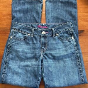WRANGLER Medium Wash Pink Accents Womens Size 9/10 Low Rise Bootcut Jeans Cowboy